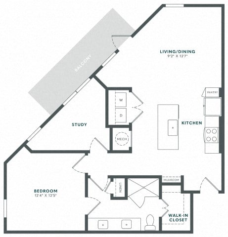 Floor plan for 1 bed, 1 bath, 948 sqft